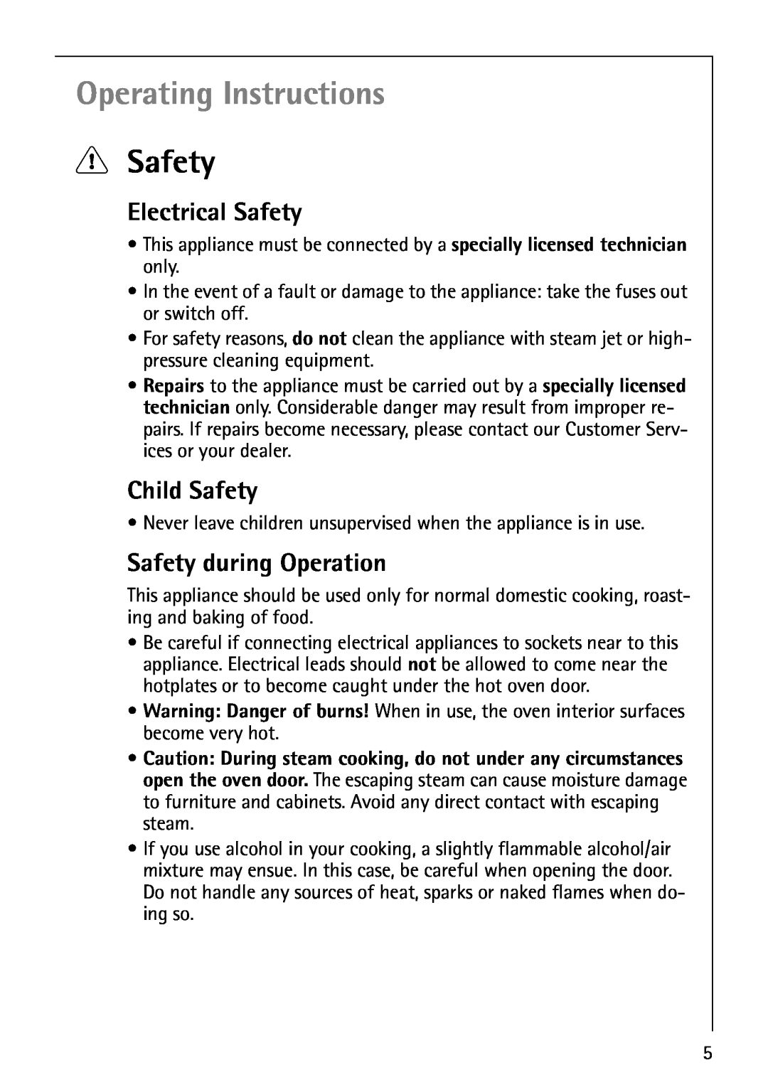 AEG B8920-1 manual Operating Instructions, 1Safety, Electrical Safety, Child Safety, Safety during Operation 