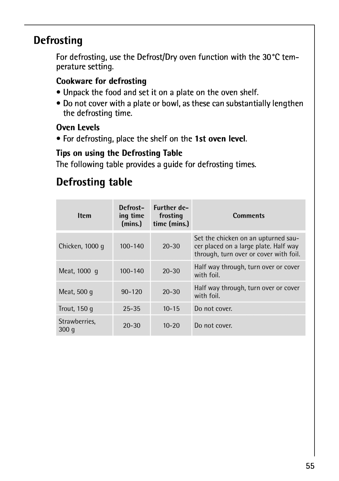AEG B8920-1 manual Defrosting table, Cookware for defrosting, Tips on using the Defrosting Table, Oven Levels 