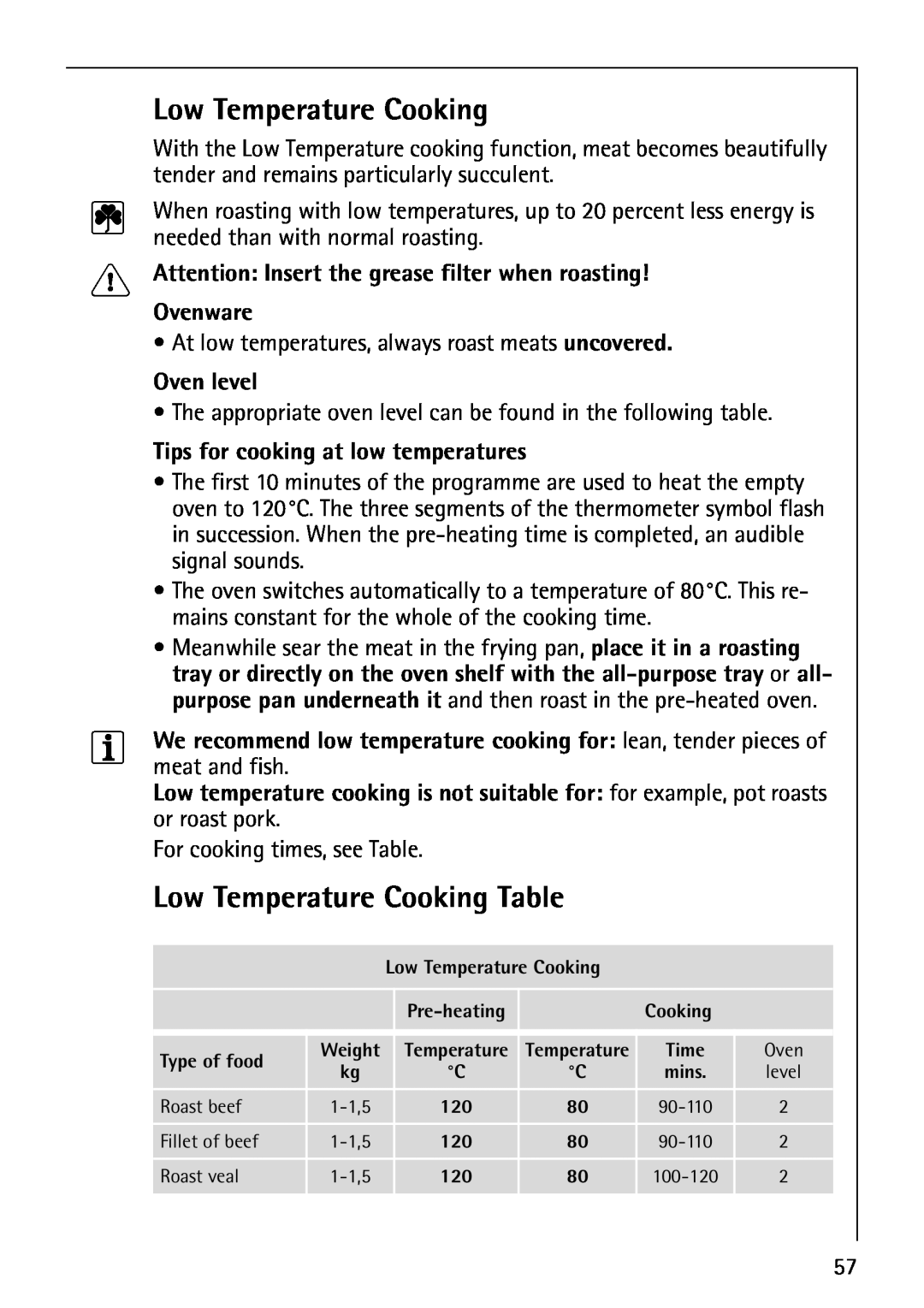 AEG B8920-1 Low Temperature Cooking Table, Attention: Insert the grease filter when roasting, Ovenware, Oven level 