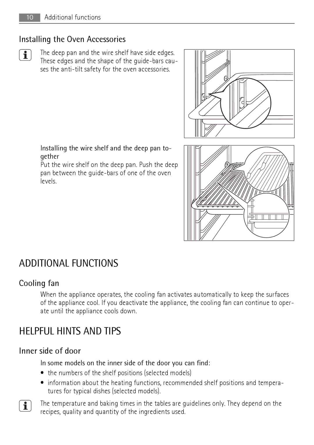 AEG BC3000001 user manual Additional Functions, Helpful Hints and Tips, Installing the Oven Accessories, Cooling fan 