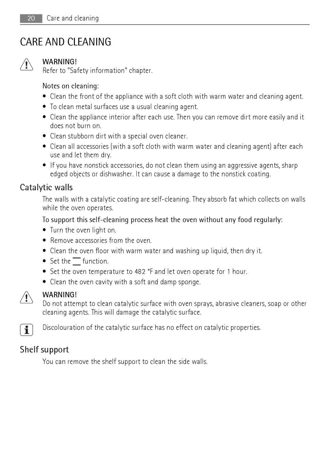 AEG BC3000001 user manual Care and Cleaning, Catalytic walls, Shelf support 