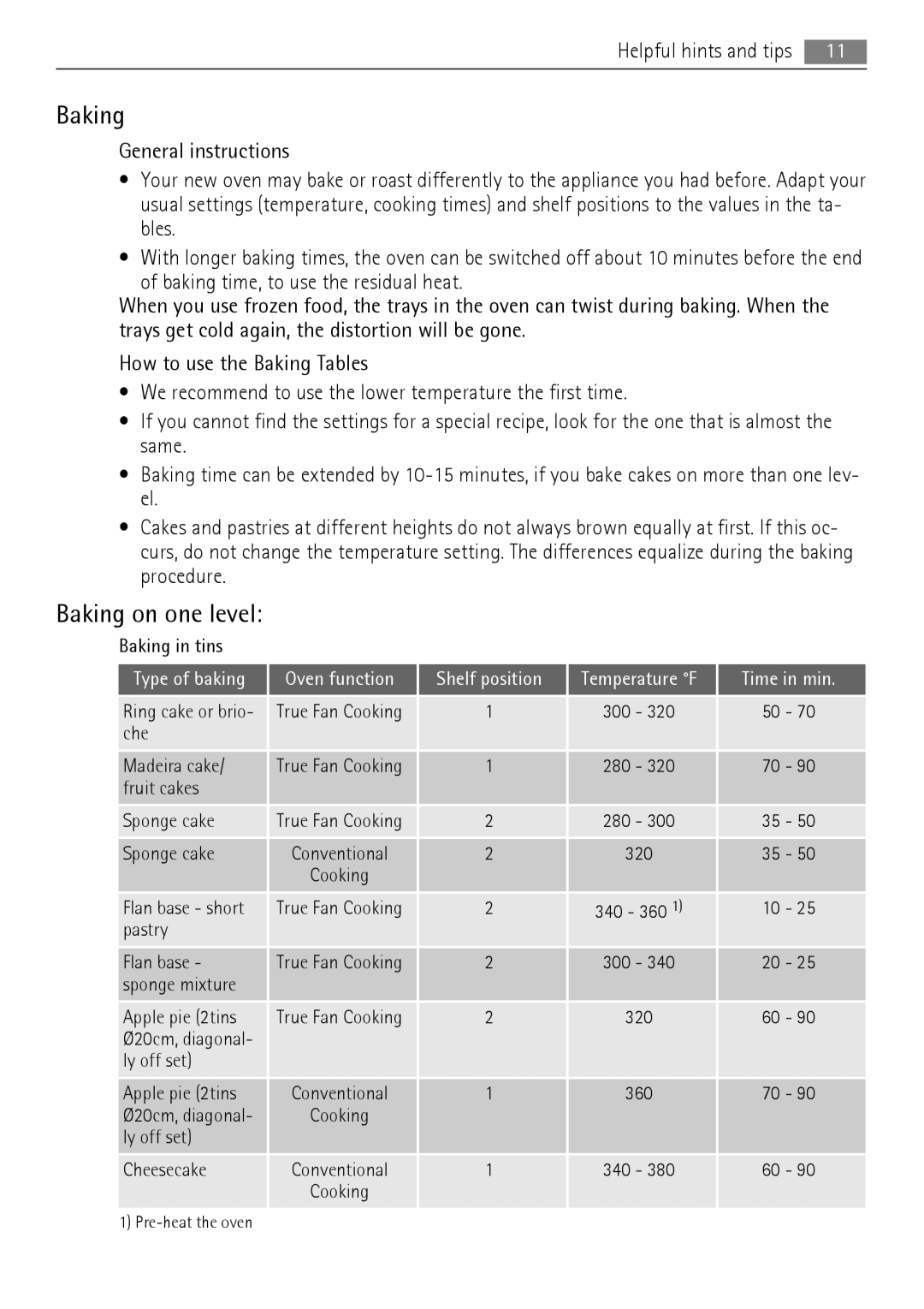 AEG BC300001M 24 user manual Baking on one level, Type of baking 
