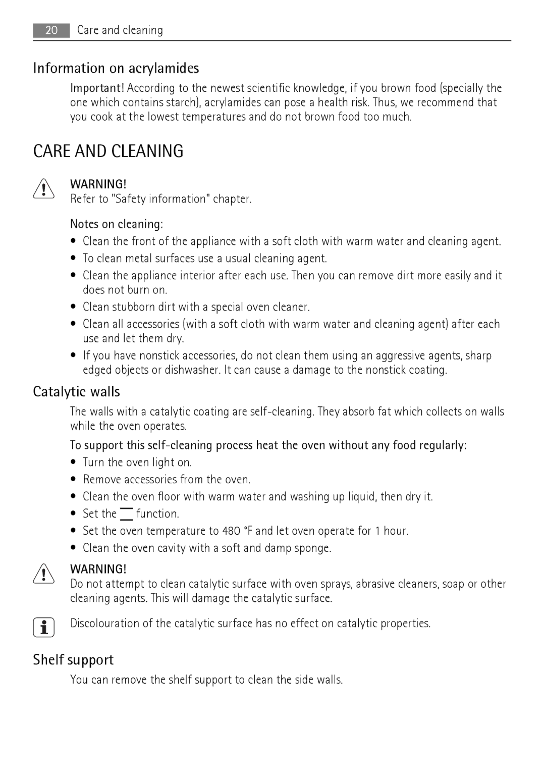 AEG BC300001M 24 user manual Care and Cleaning, Information on acrylamides, Catalytic walls, Shelf support 