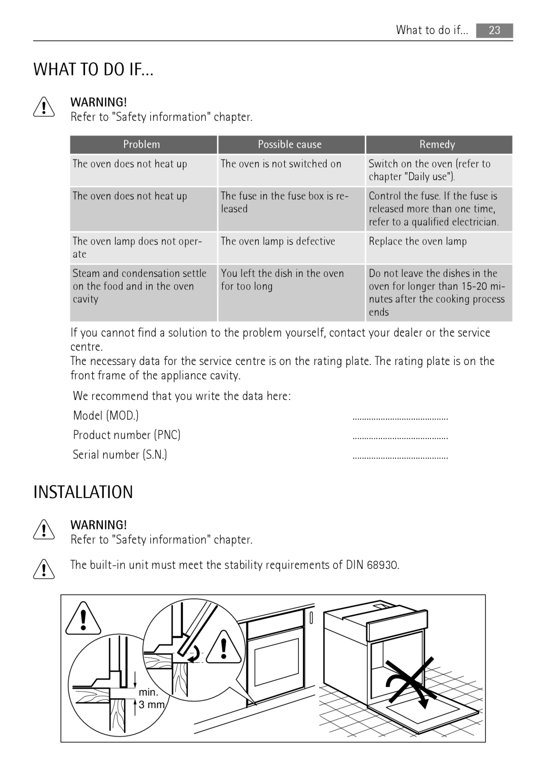 AEG BC300001M 24 user manual What to do IF…, Installation, Problem Possible cause Remedy 