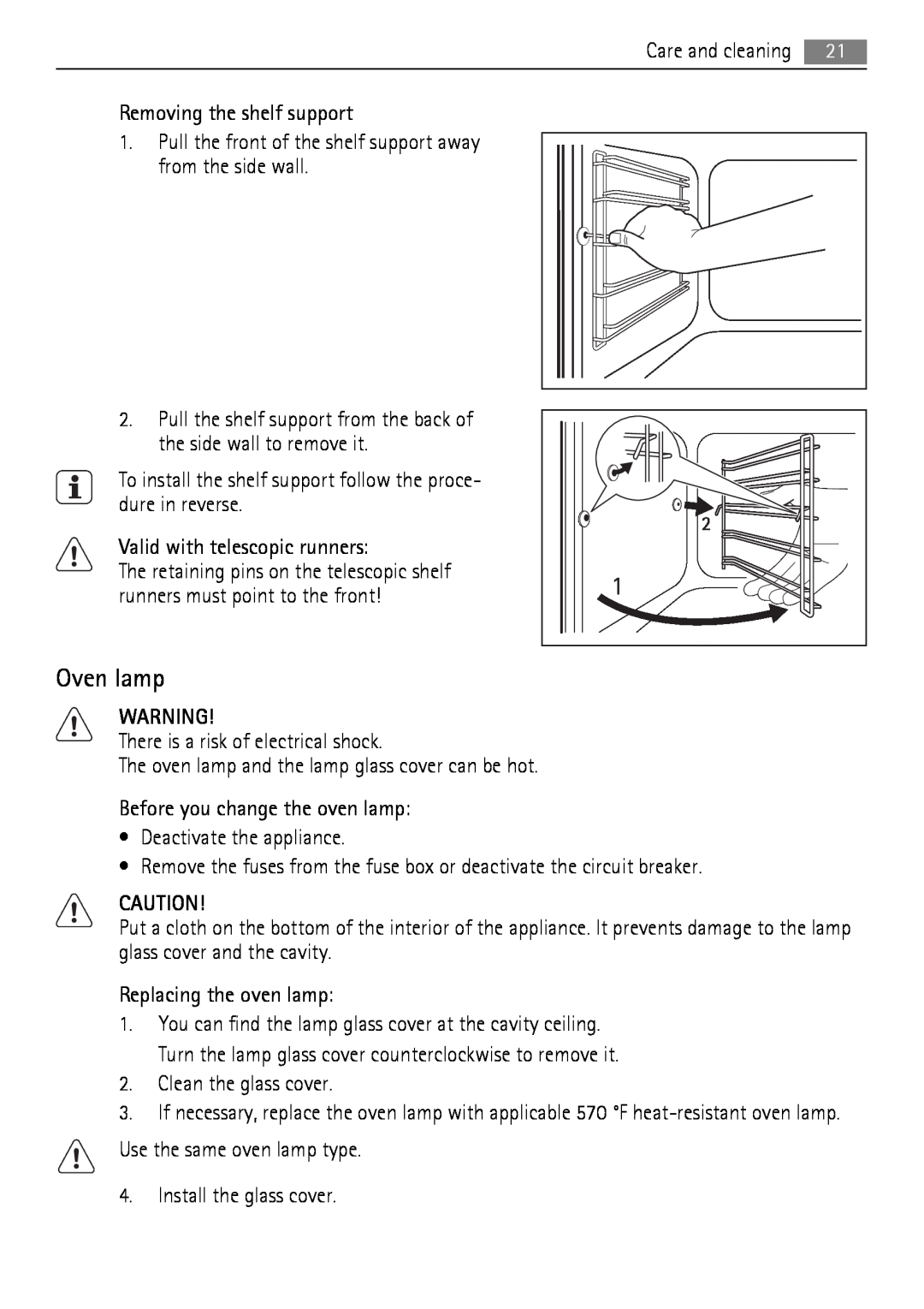 AEG BC300001M 24 user manual Oven lamp, Removing the shelf support 