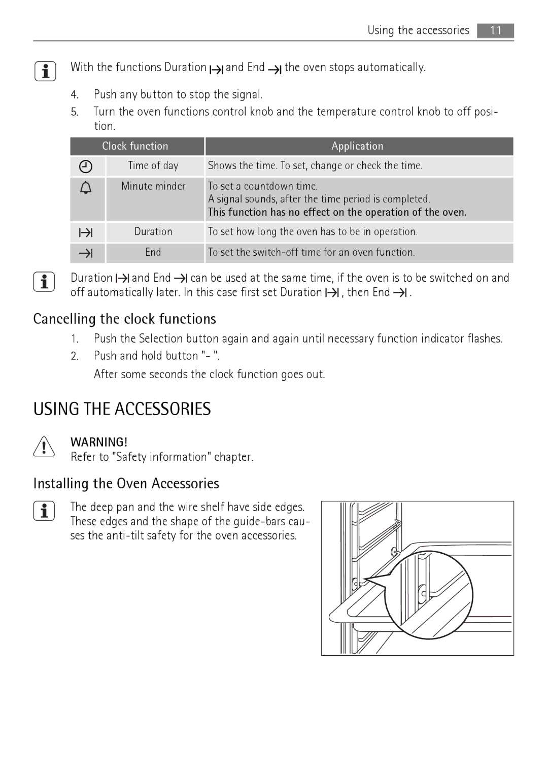 AEG BE3013021 user manual Using the Accessories, Cancelling the clock functions, Installing the Oven Accessories 