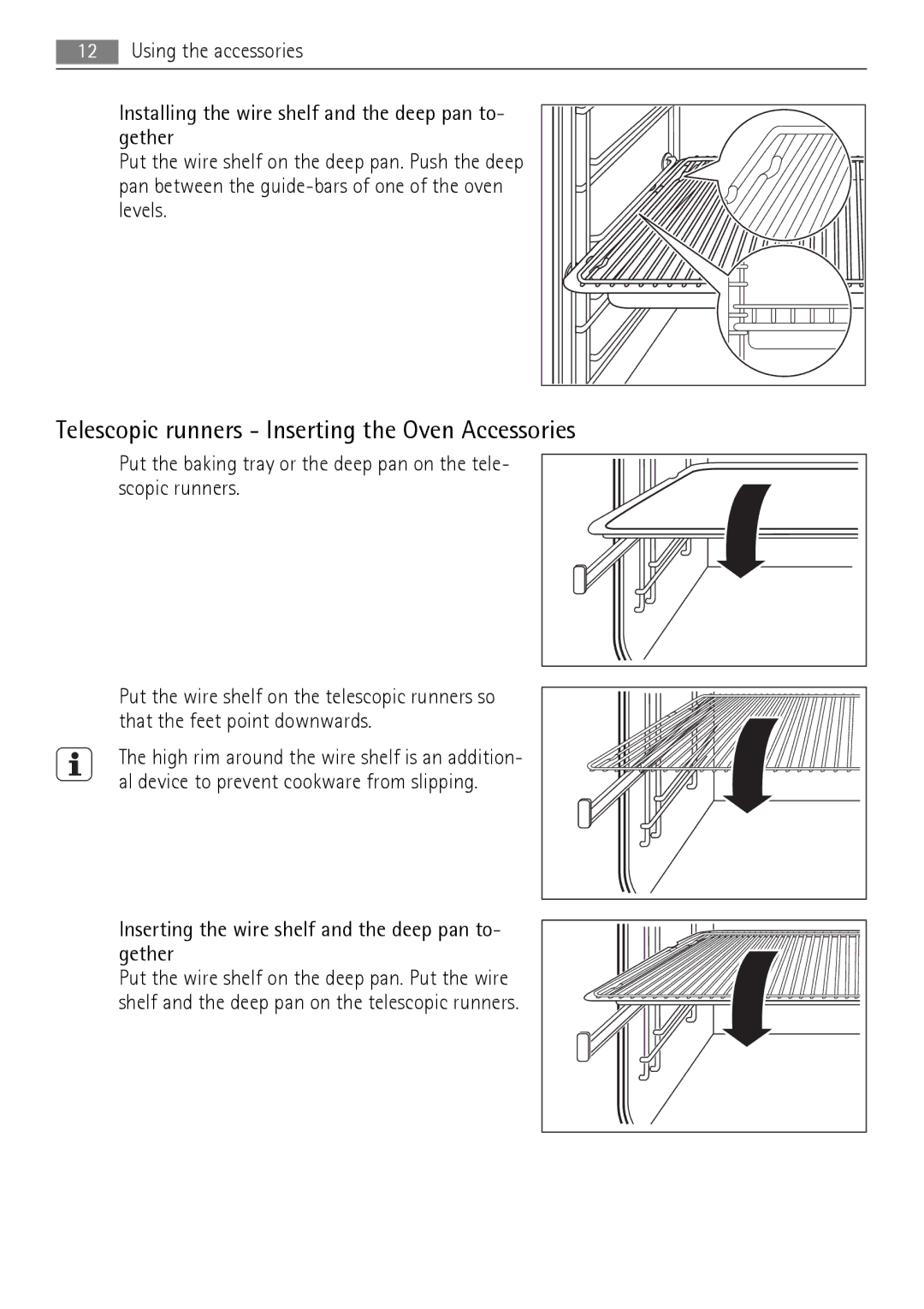 AEG BE3013021 Telescopic runners Inserting the Oven Accessories, Inserting the wire shelf and the deep pan to- gether 