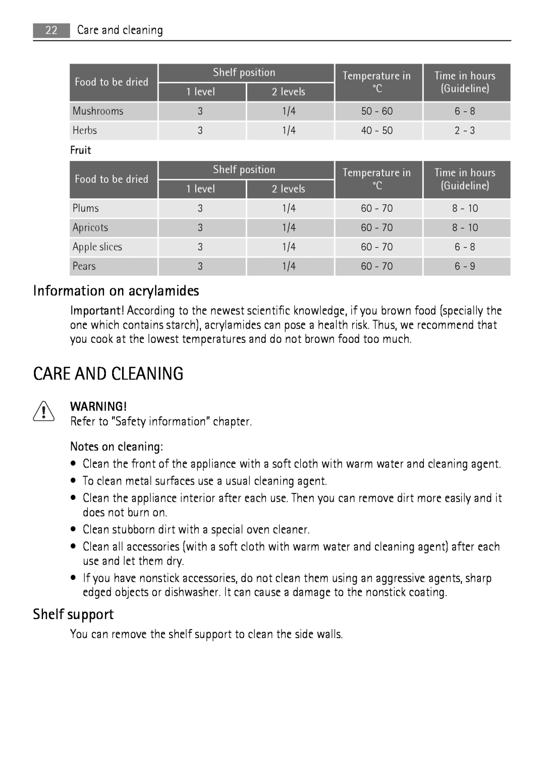 AEG BE3013021 user manual Care And Cleaning, Information on acrylamides, Shelf support 