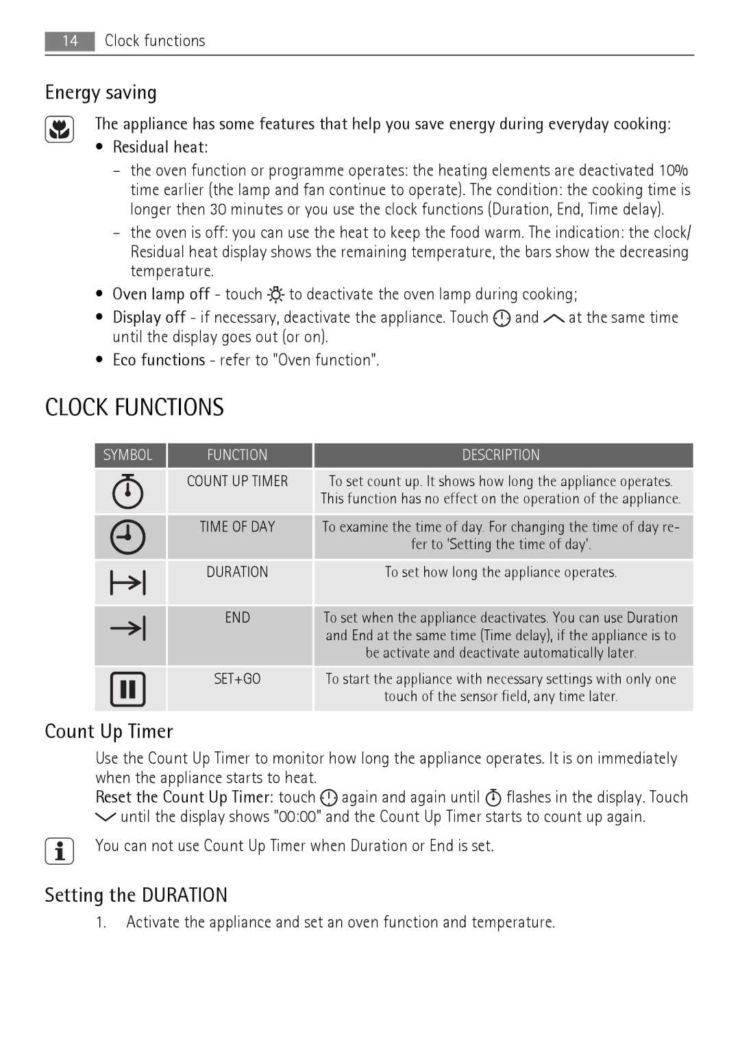 AEG BE7314401 user manual Clock Functions, Energy saving, Count Up Timer, Setting the Duration 