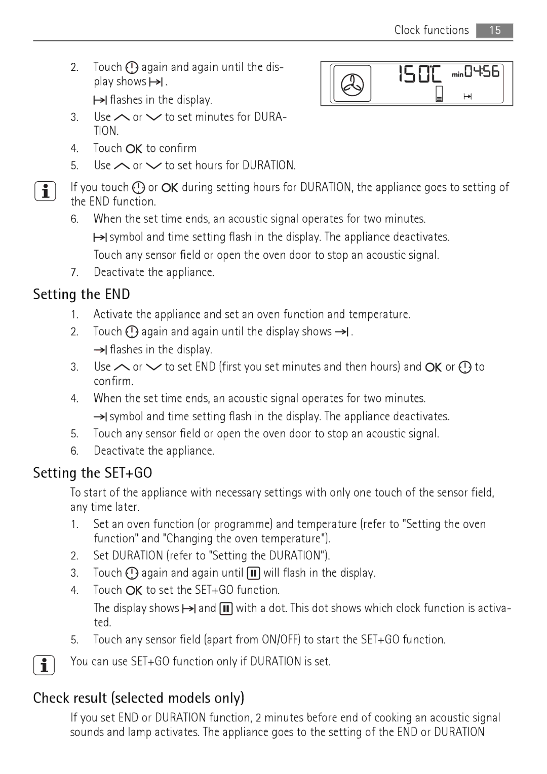 AEG BE7314401 user manual Setting the END, Setting the SET+GO, Check result selected models only 