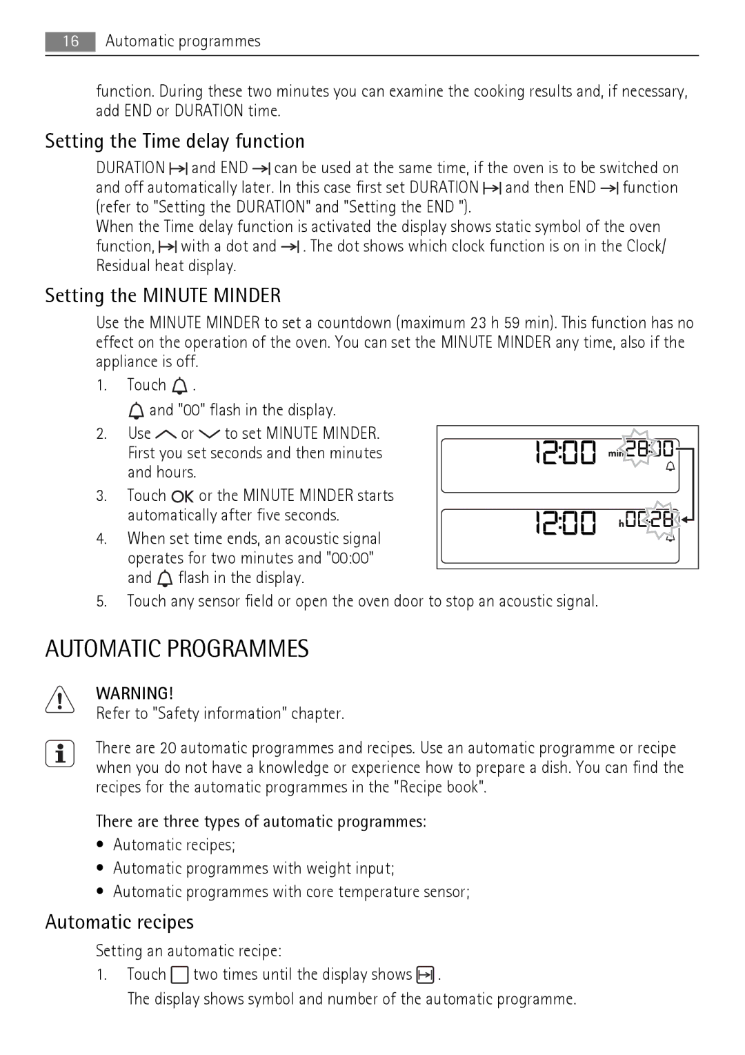 AEG BE7314401 Automatic Programmes, Setting the Time delay function, Setting the Minute Minder, Automatic recipes 