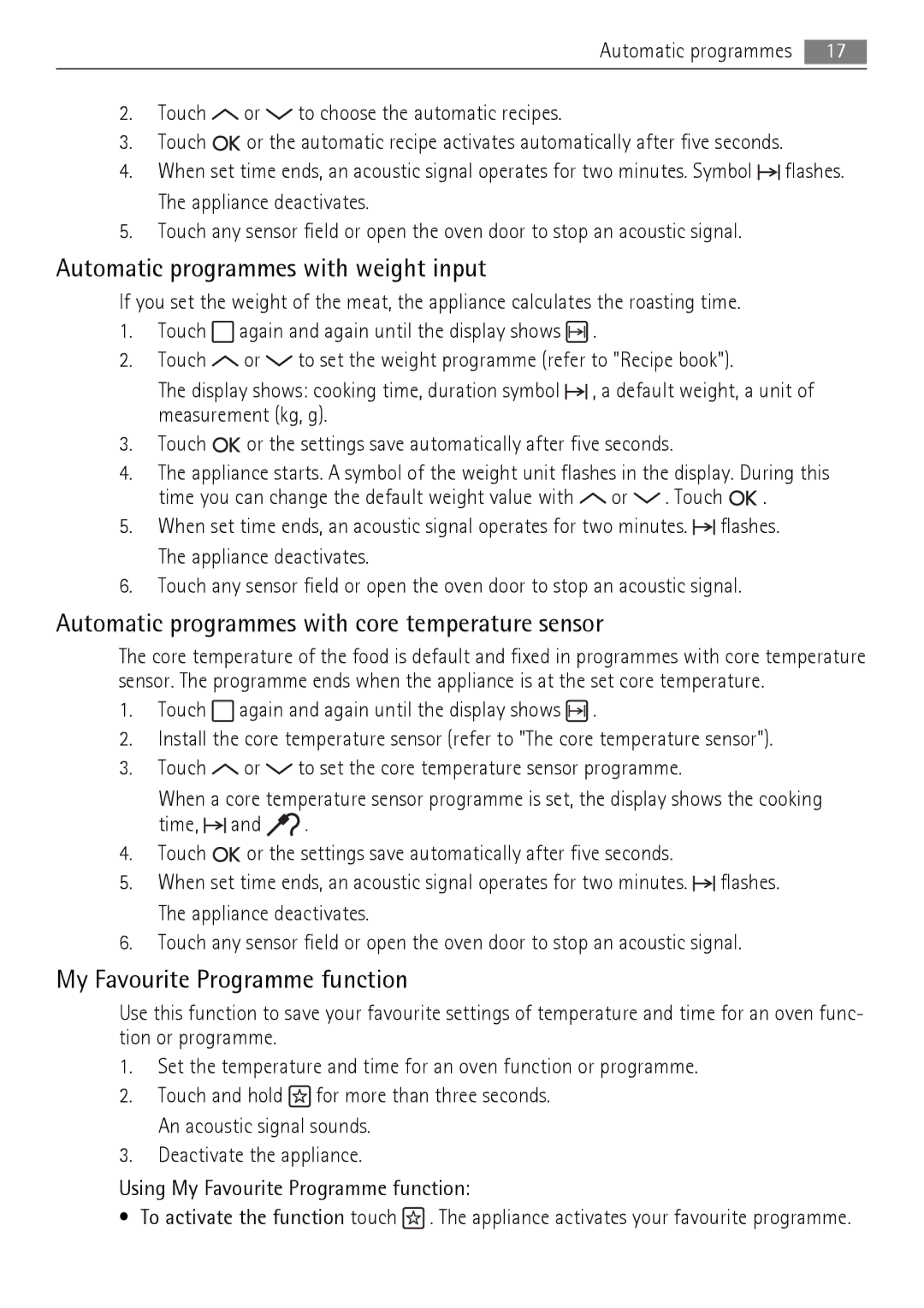 AEG BE7314401 user manual Automatic programmes with weight input, Automatic programmes with core temperature sensor 