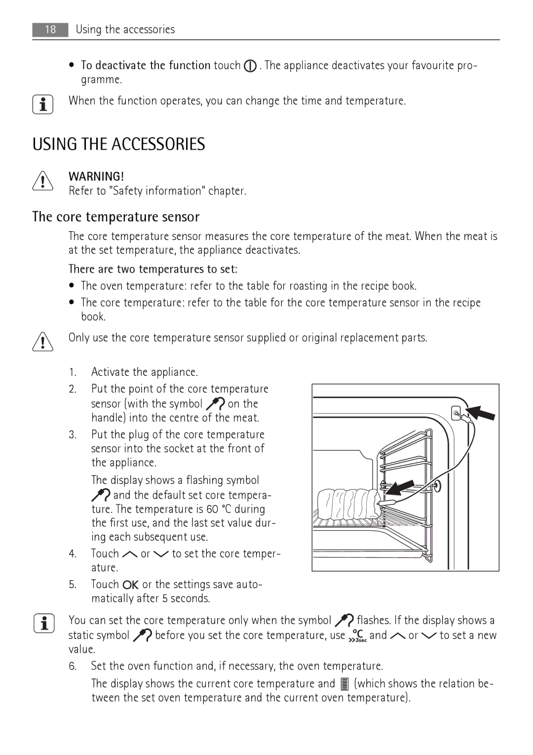 AEG BE7314401 user manual Using the Accessories, Core temperature sensor 