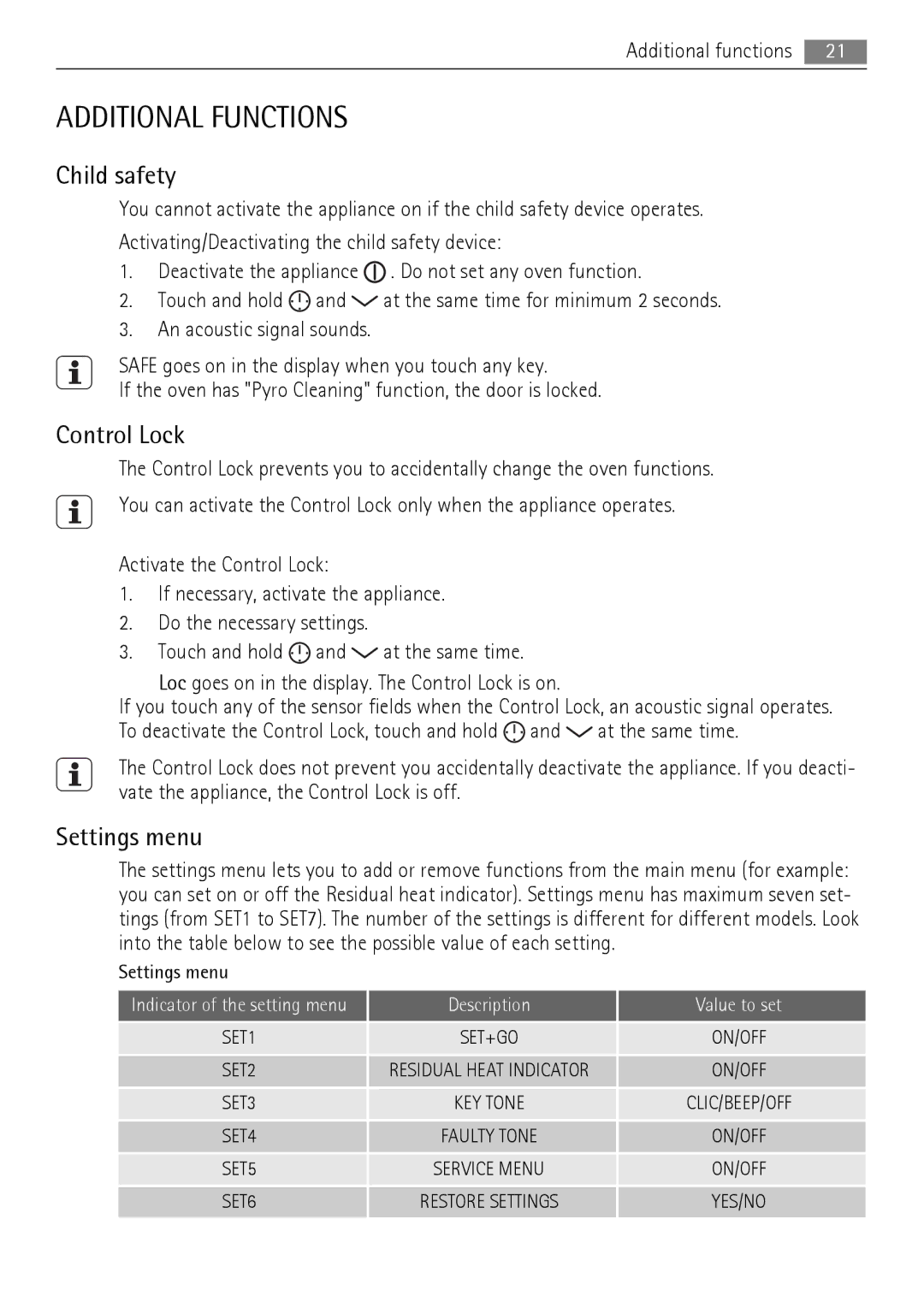 AEG BE7314401 user manual Additional Functions, Child safety, Control Lock, Settings menu 