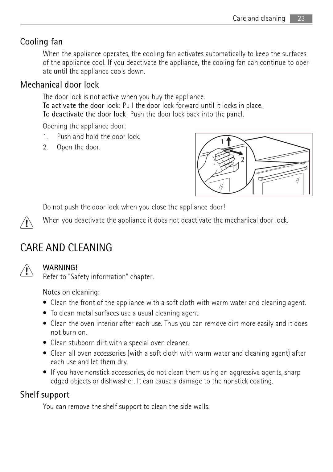 AEG BE7314401 user manual Care and Cleaning, Cooling fan, Mechanical door lock, Shelf support 