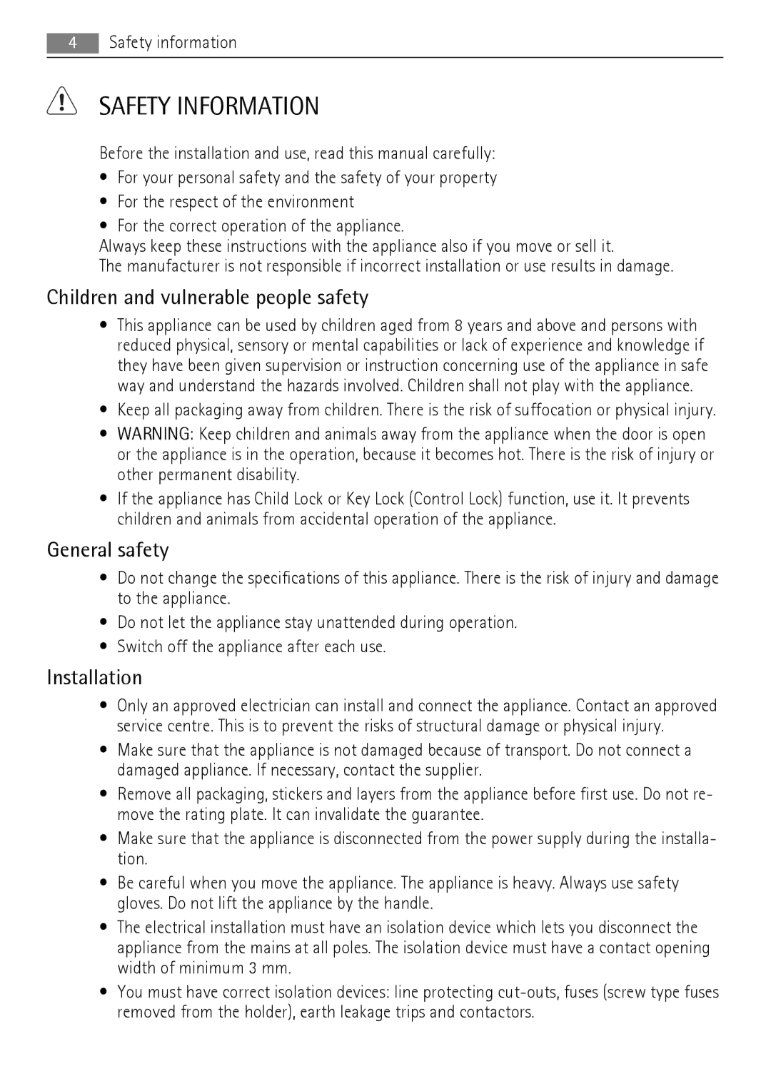 AEG BE7314401 user manual Safety Information, Children and vulnerable people safety, General safety, Installation 