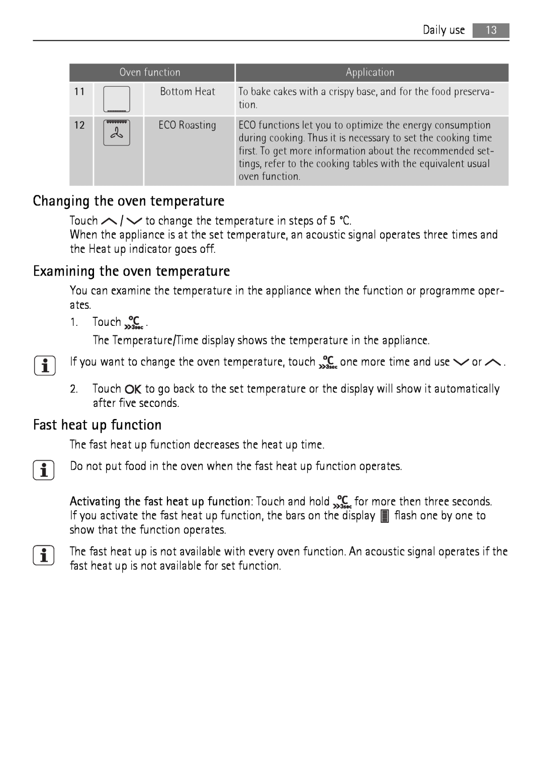 AEG BE7314401 user manual Changing the oven temperature, Examining the oven temperature, Fast heat up function 