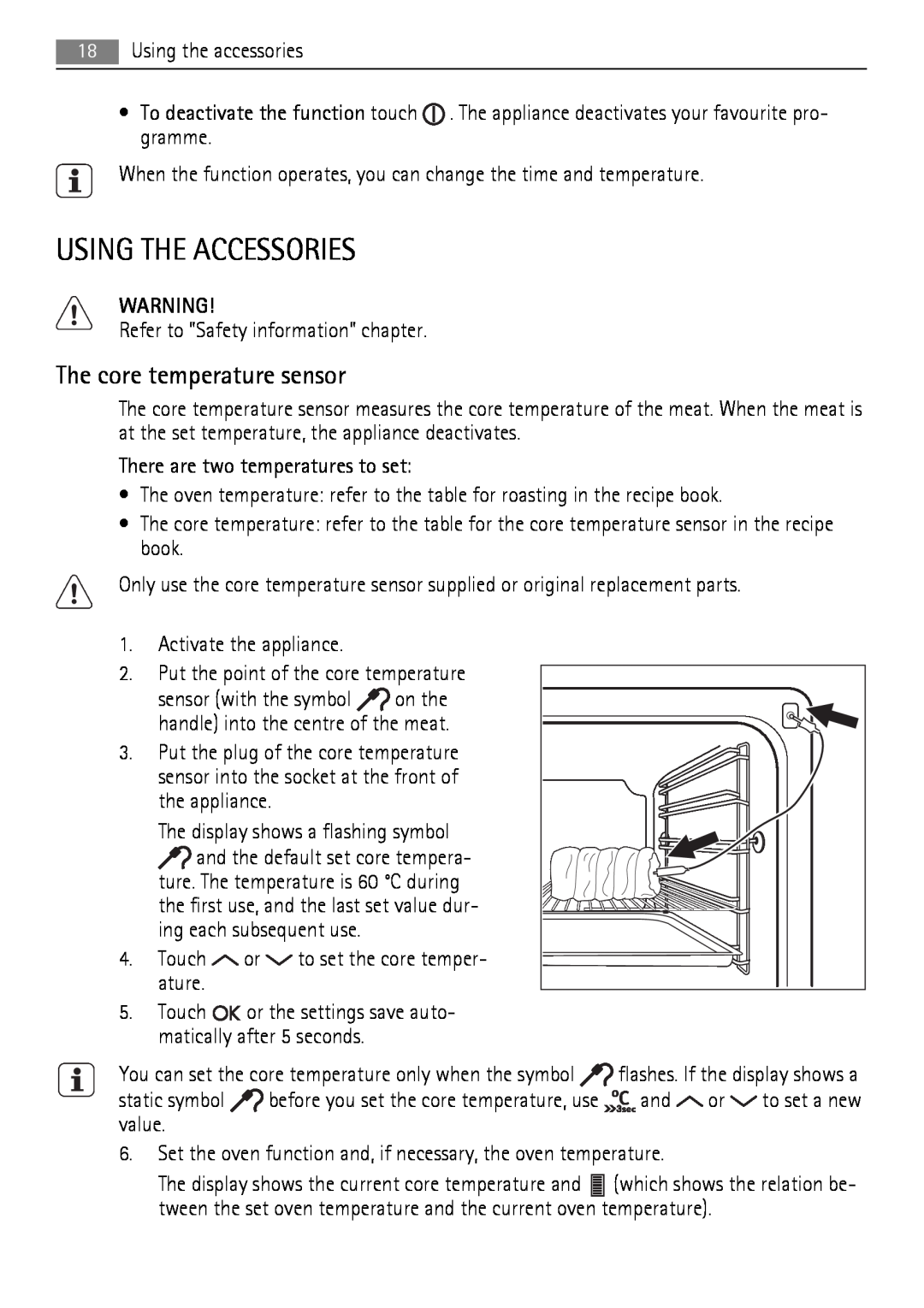 AEG BE7314401 user manual Using The Accessories, The core temperature sensor 