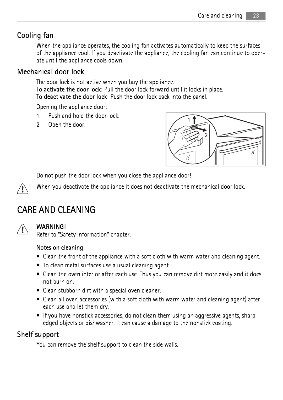 AEG BE7314401 user manual Care And Cleaning, Cooling fan, Mechanical door lock, Shelf support 
