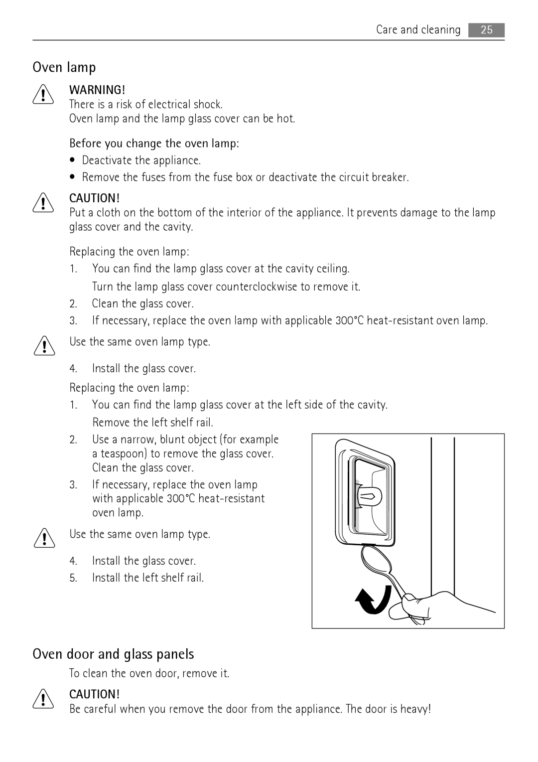 AEG BE7314401 user manual Oven lamp, Oven door and glass panels 