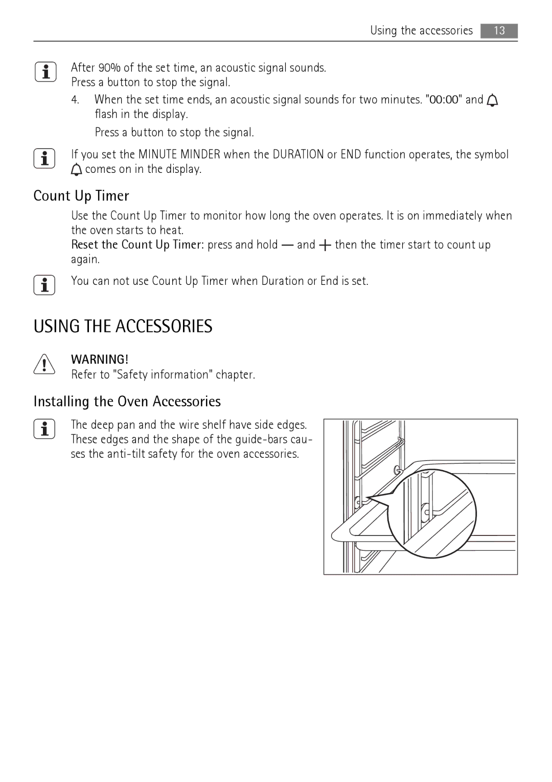 AEG BP5003001 user manual Using the Accessories, Count Up Timer, Installing the Oven Accessories 