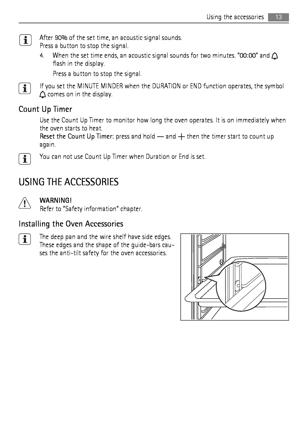 AEG BP5003001 user manual Using The Accessories, Count Up Timer, Installing the Oven Accessories 