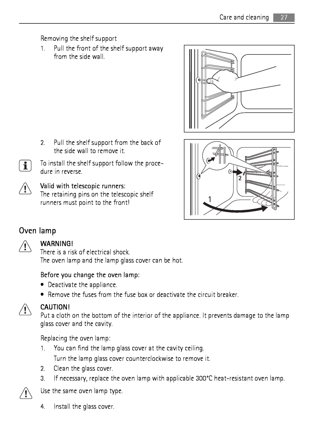 AEG BP5003001 user manual Oven lamp, Removing the shelf support 
