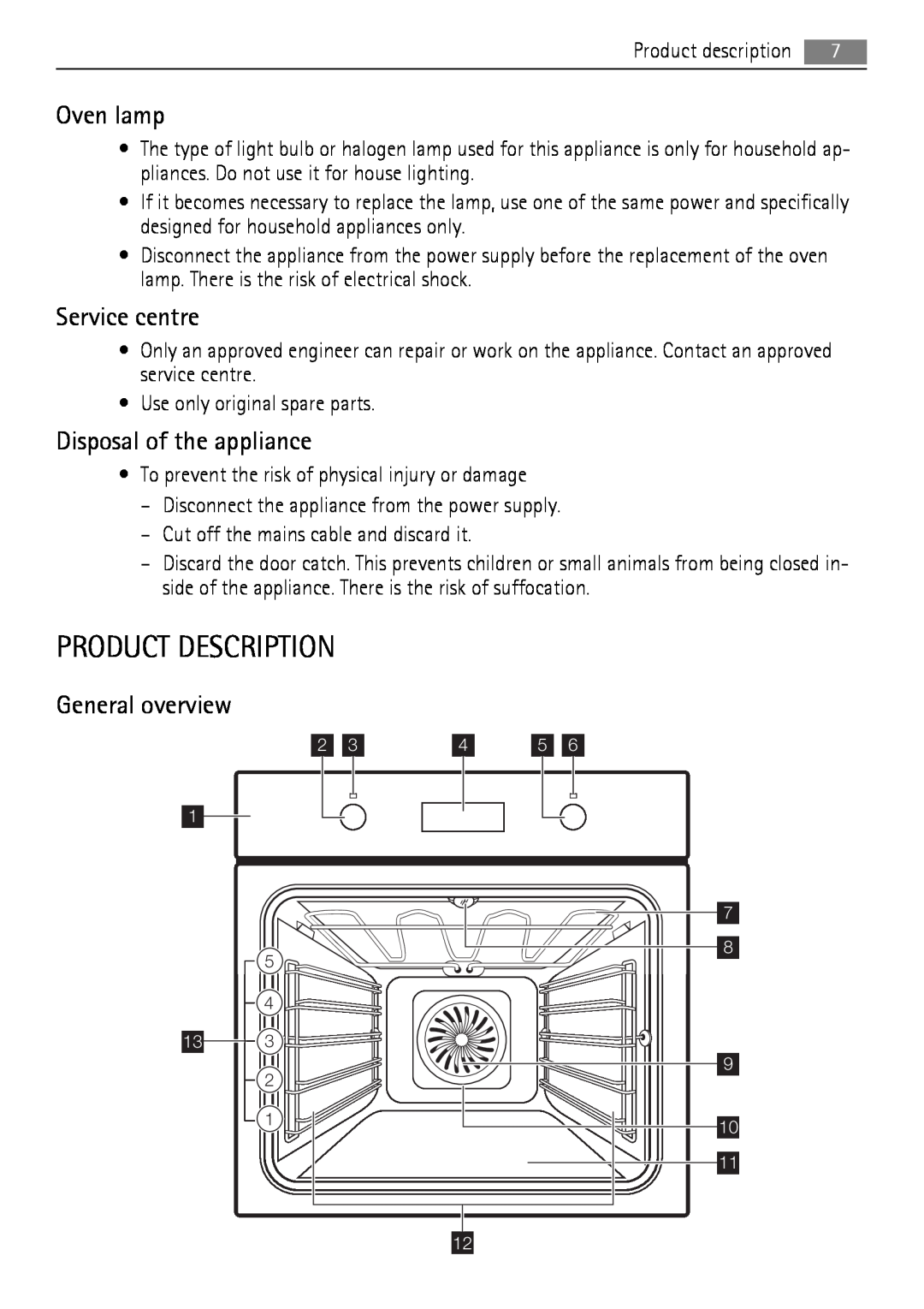 AEG BP5003001 user manual Product Description, Oven lamp, Service centre, Disposal of the appliance, General overview 