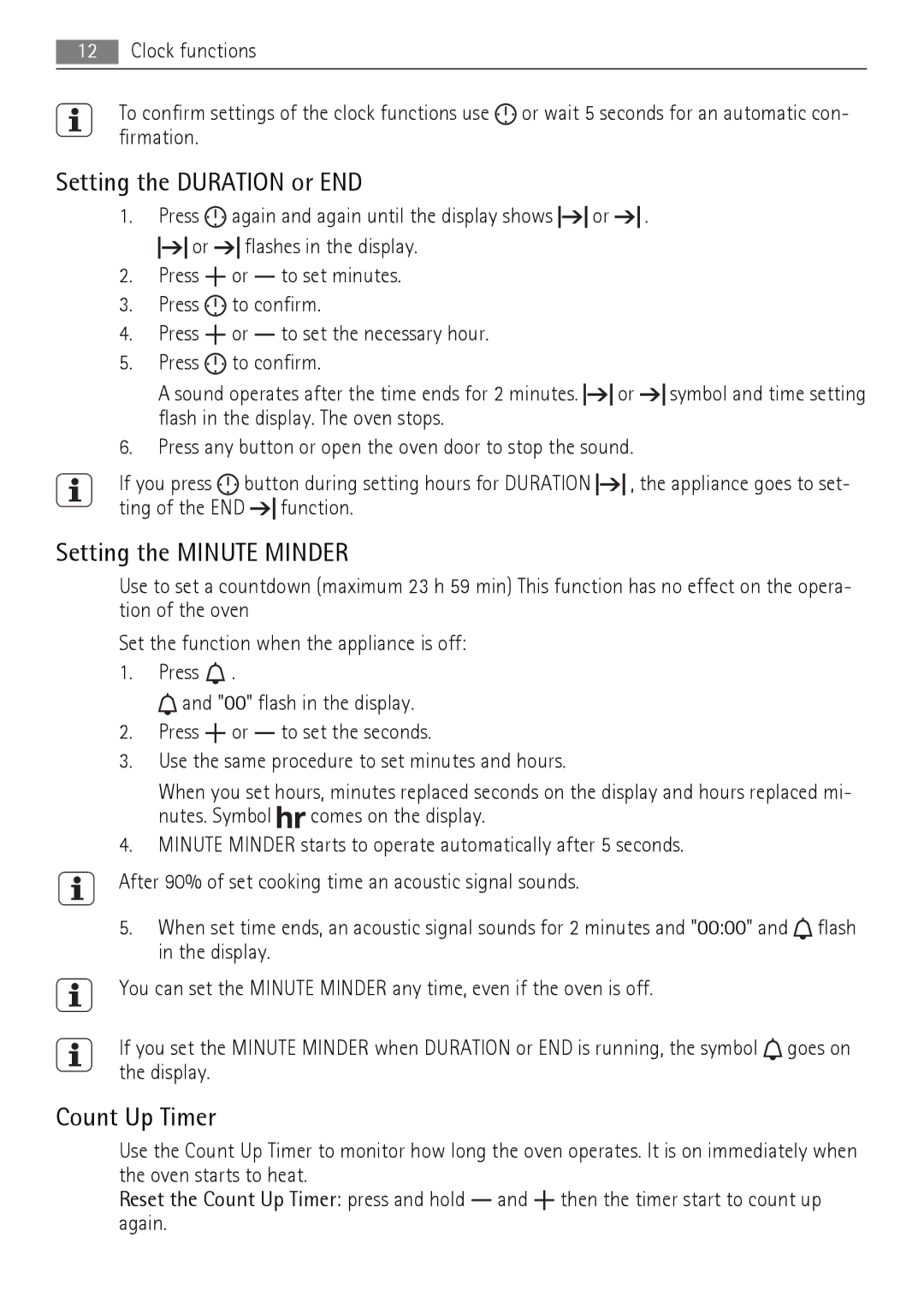 AEG BP5003021 user manual Setting the Duration or END, Setting the Minute Minder, Count Up Timer 