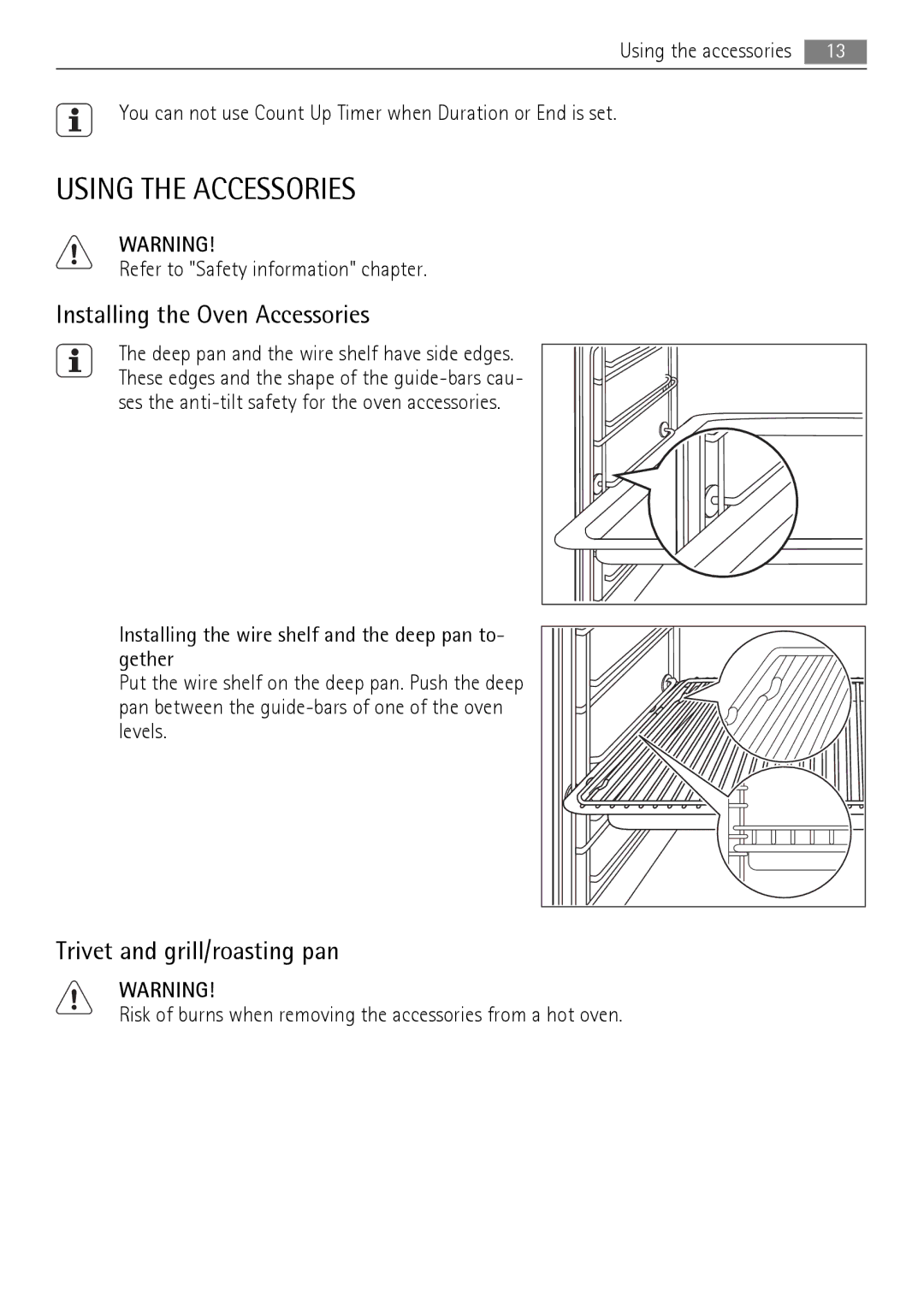 AEG BP5003021 user manual Using the Accessories, Installing the Oven Accessories, Trivet and grill/roasting pan 