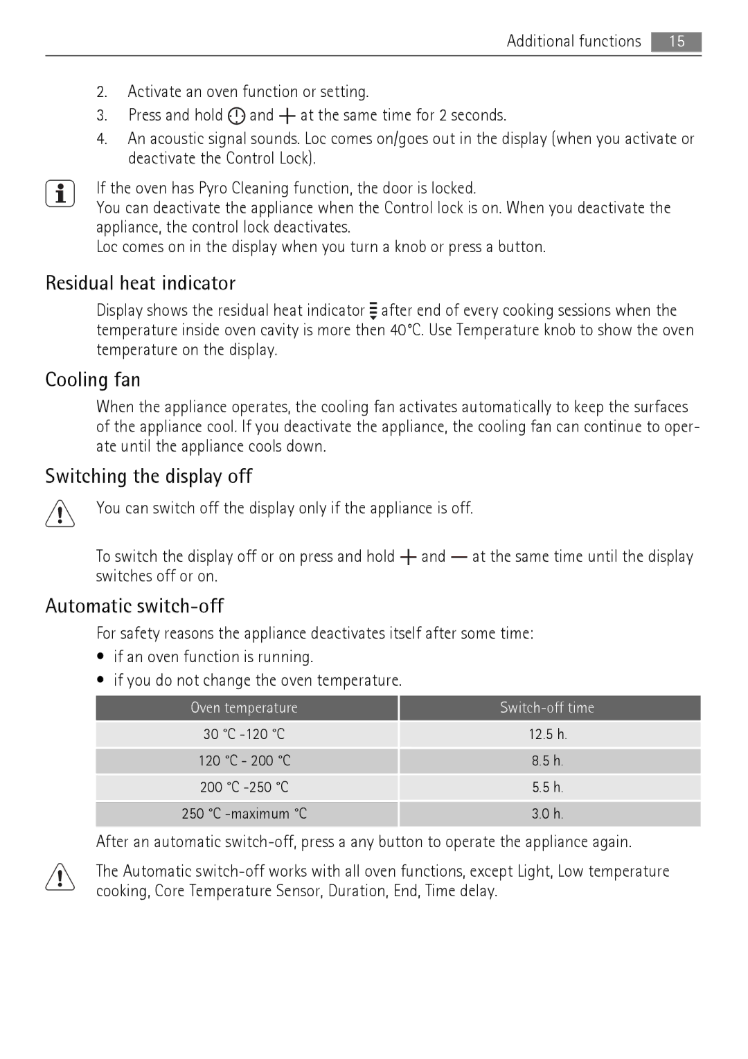 AEG BP5003021 user manual Residual heat indicator, Cooling fan, Switching the display off, Automatic switch-off 