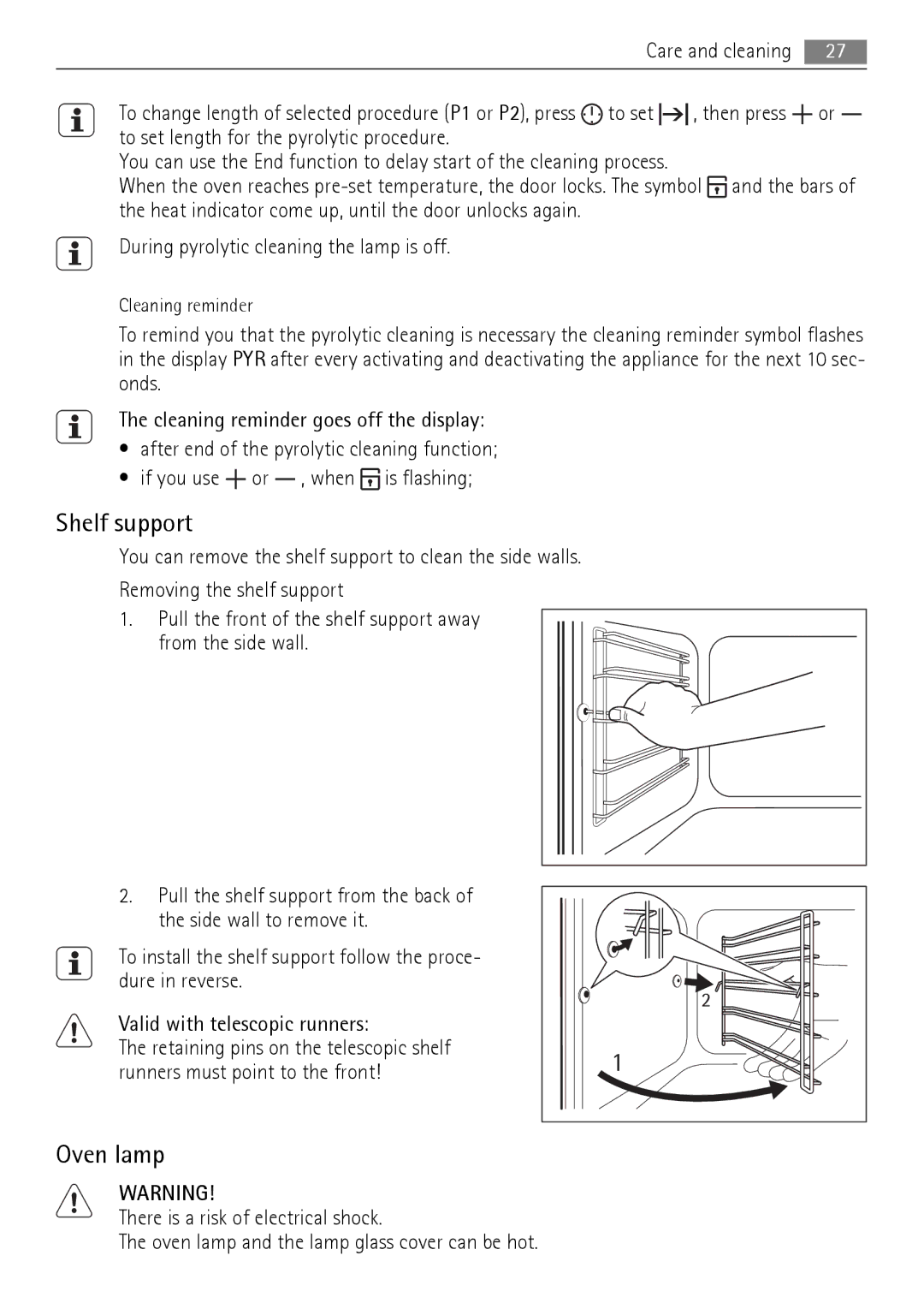 AEG BP5003021 user manual Shelf support, To set length for the pyrolytic procedure 