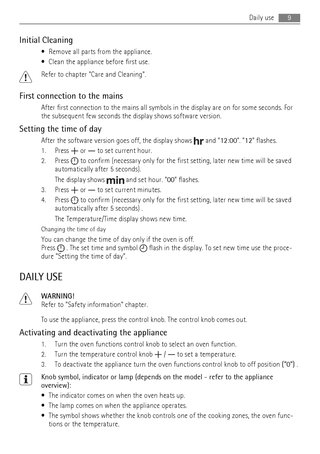 AEG BP5003021 user manual Daily USE, Initial Cleaning, First connection to the mains, Setting the time of day 