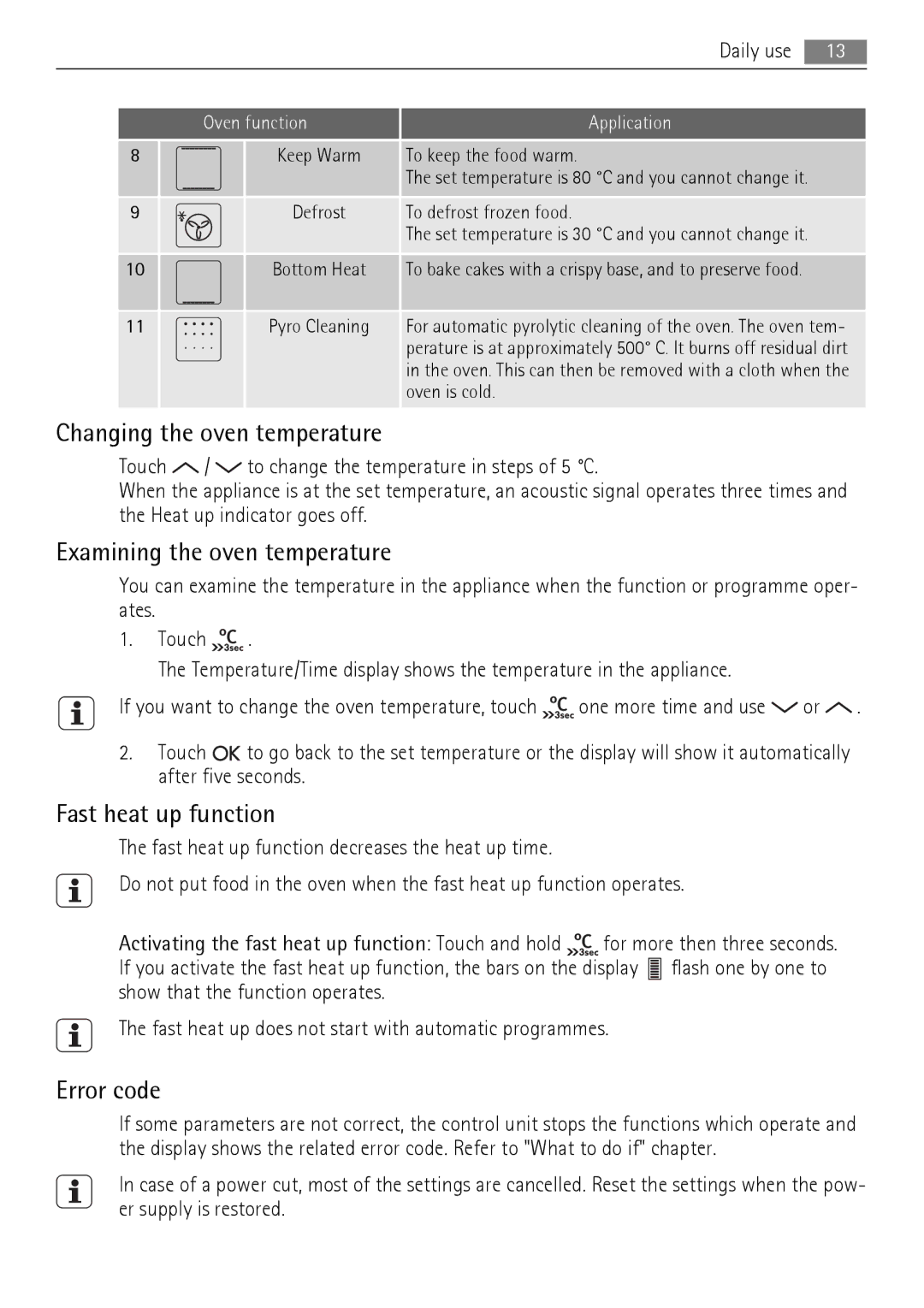 AEG BP7714000, BP7614000 Changing the oven temperature, Examining the oven temperature, Fast heat up function, Error code 
