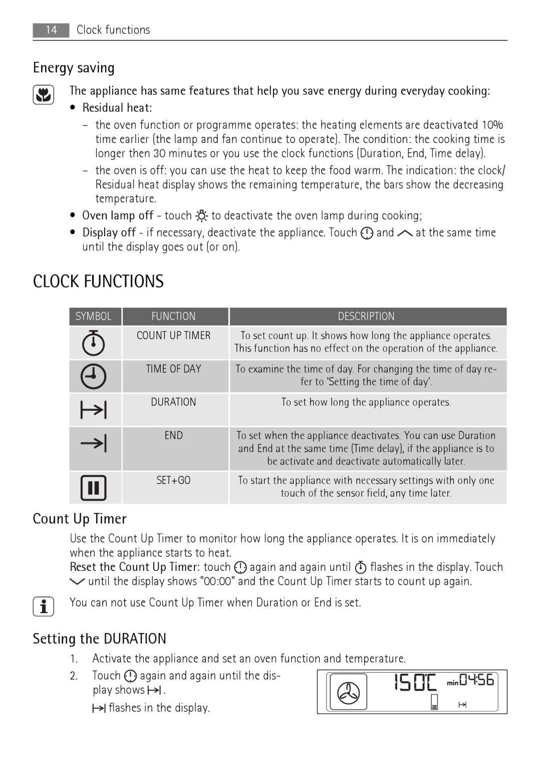 AEG BP7614000, BP7714000 user manual Clock Functions, Energy saving, Count Up Timer, Setting the Duration, Residual heat 