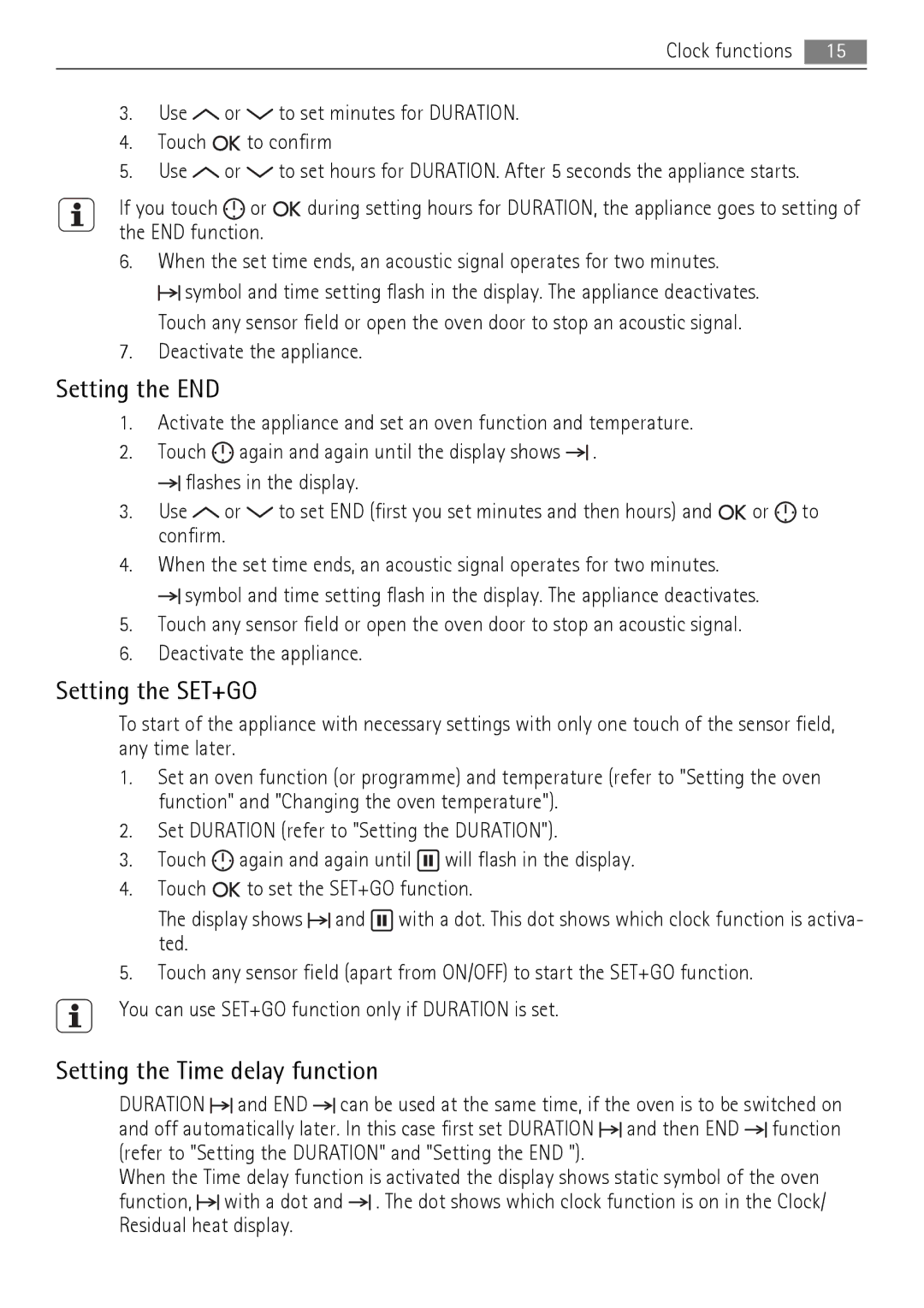 AEG BP7714000, BP7614000 Setting the END, Setting the SET+GO, Setting the Time delay function, Deactivate the appliance 