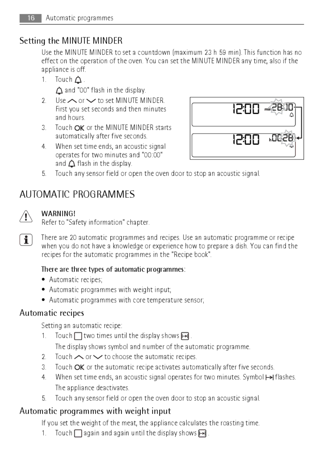 AEG BP7614000 Automatic Programmes, Setting the Minute Minder, Automatic recipes, Automatic programmes with weight input 