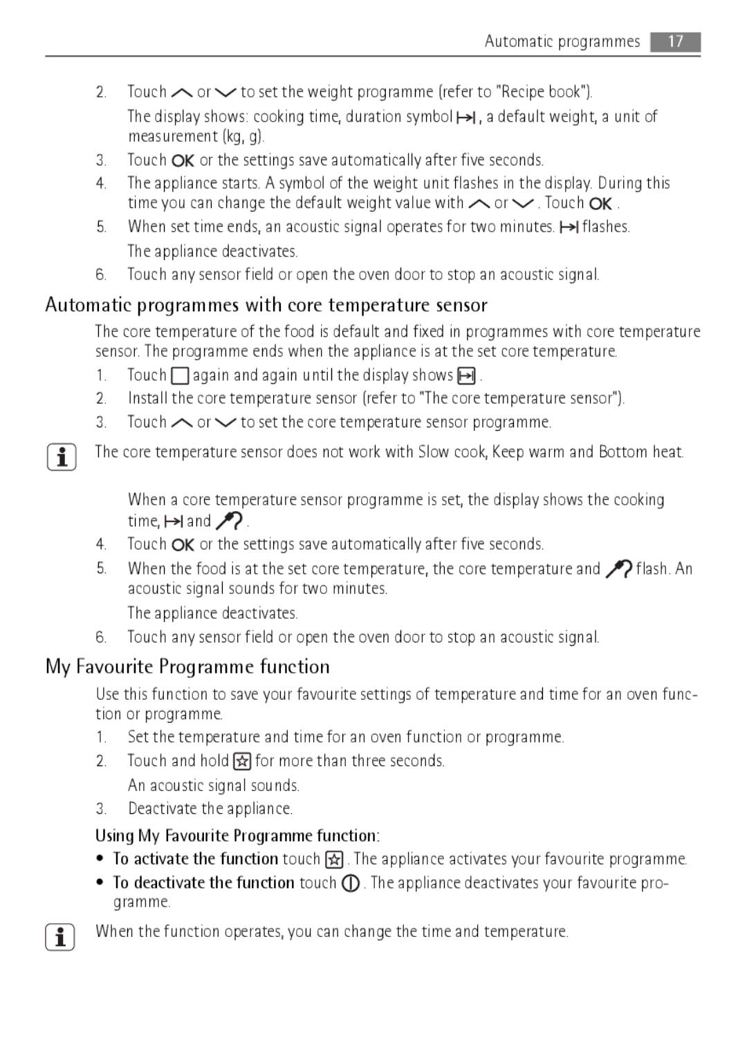 AEG BP7714000, BP7614000 user manual Automatic programmes with core temperature sensor, My Favourite Programme function 