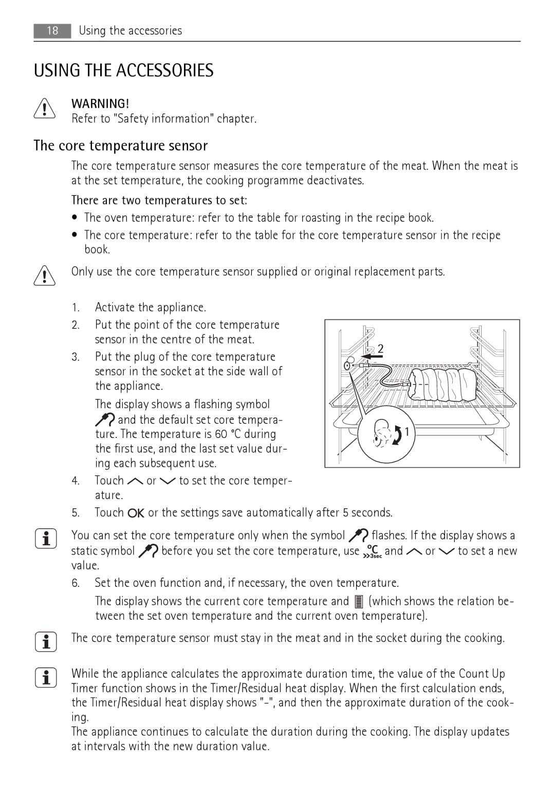 AEG BP7614000, BP7714000 user manual Using the Accessories, Core temperature sensor 