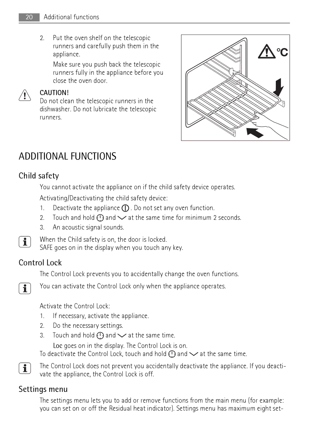 AEG BP7614000, BP7714000 user manual Additional Functions, Child safety, Control Lock, Settings menu 