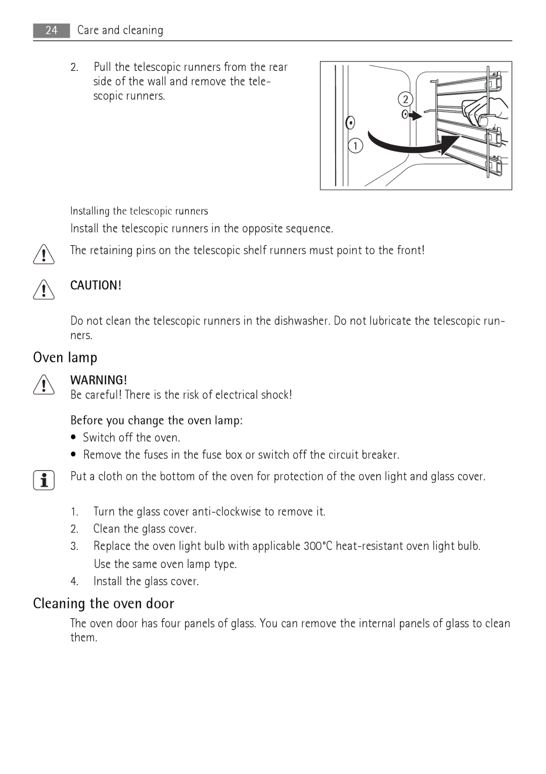 AEG BP7614000, BP7714000 user manual Cleaning the oven door, Installing the telescopic runners 