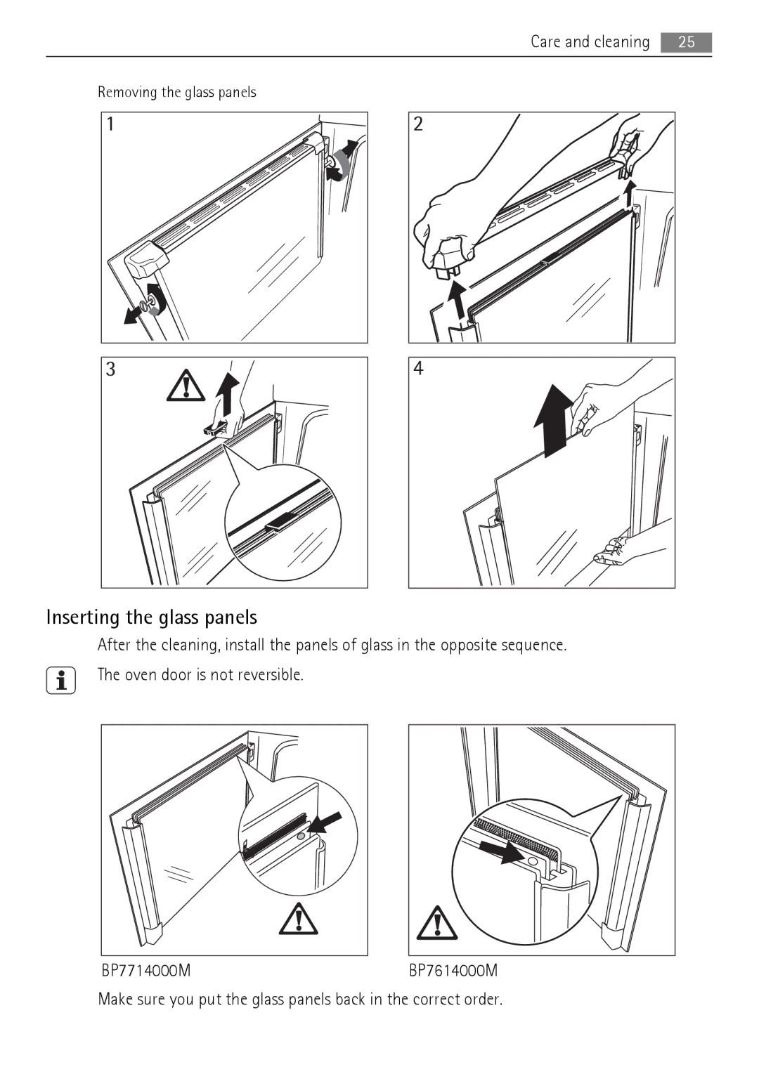 AEG BP7714000, BP7614000 user manual Inserting the glass panels, Removing the glass panels 