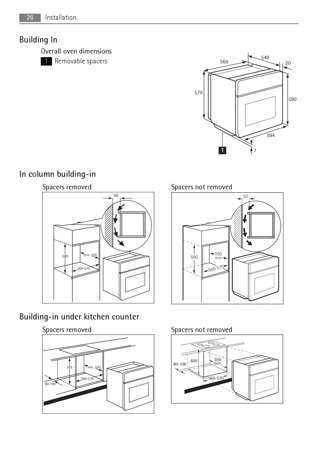 AEG BP7614000, BP7714000 user manual Column building-in, Building-in under kitchen counter 