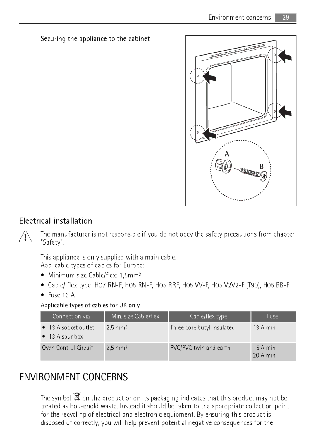 AEG BP7714000, BP7614000 Environment Concerns, Electrical installation, Fuse 13 a, Connection via, Cable/flex type Fuse 