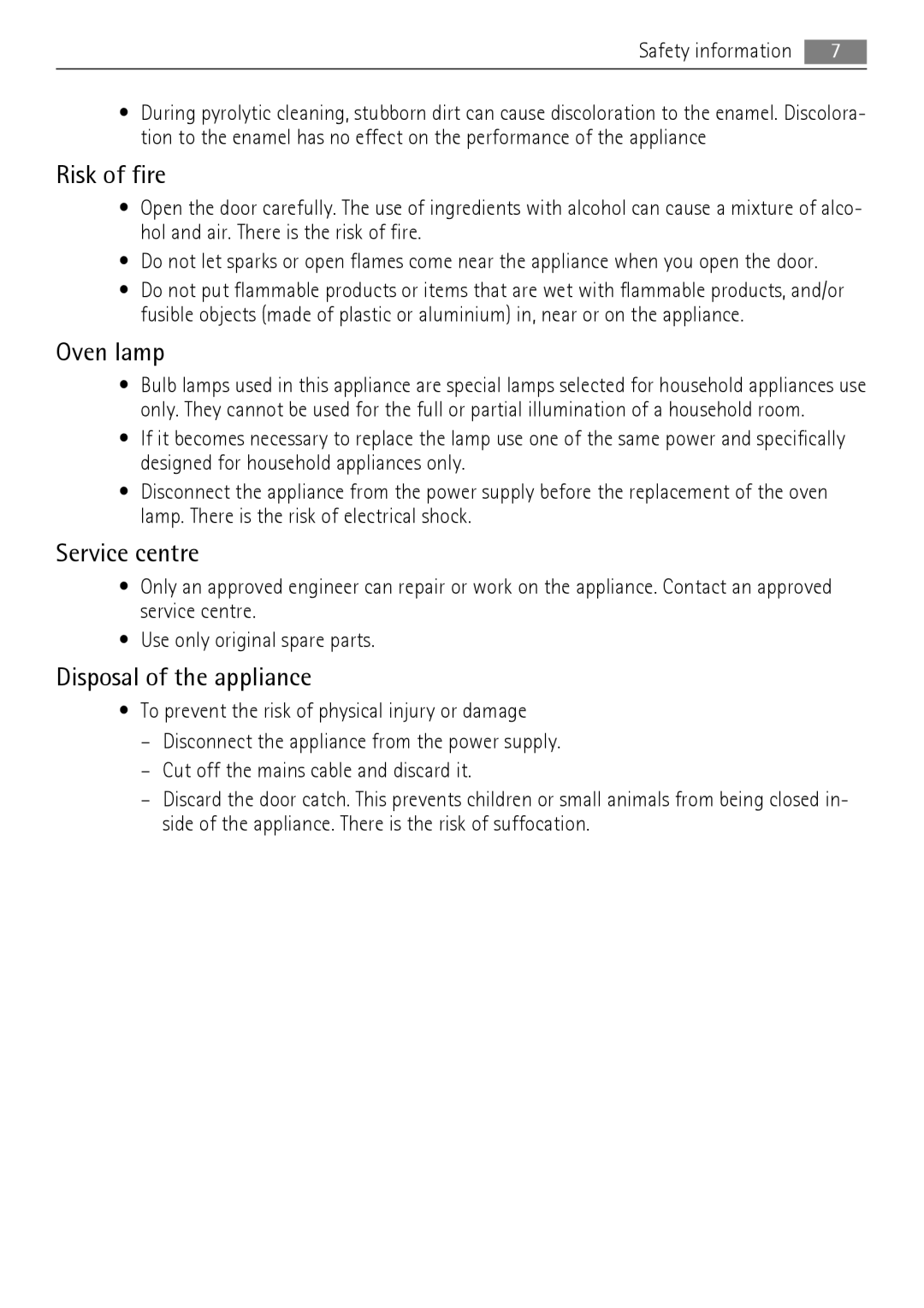 AEG BP7714000, BP7614000 user manual Risk of fire, Oven lamp, Service centre, Disposal of the appliance 