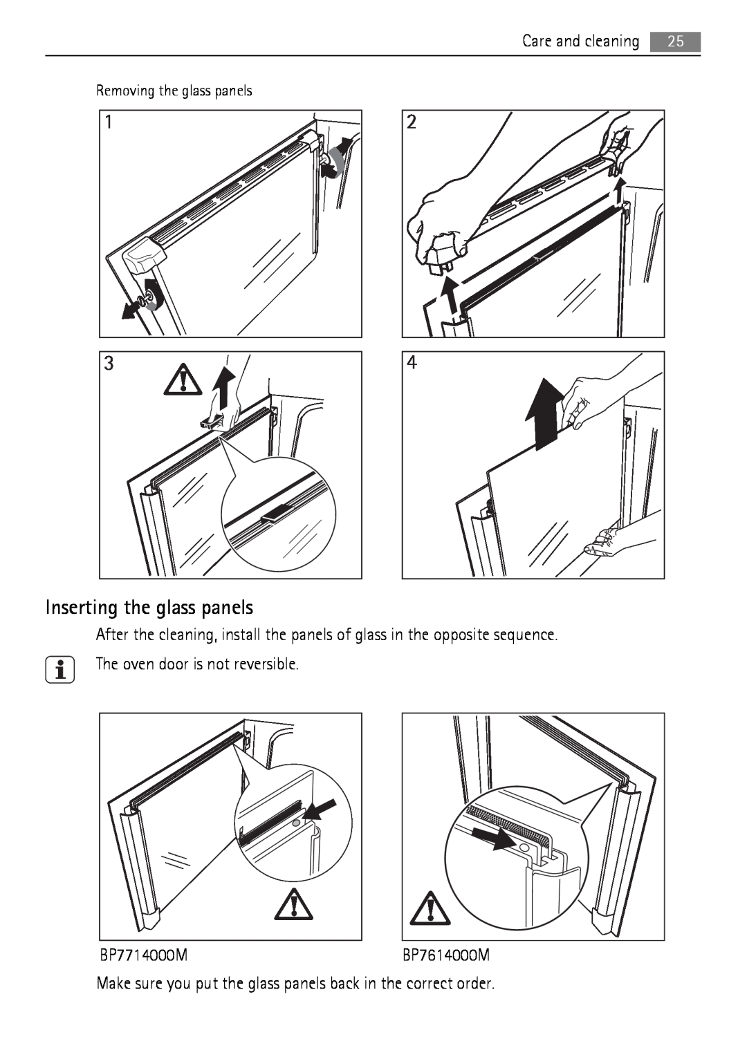 AEG BP7714000, BP7614000 user manual Inserting the glass panels, Removing the glass panels 