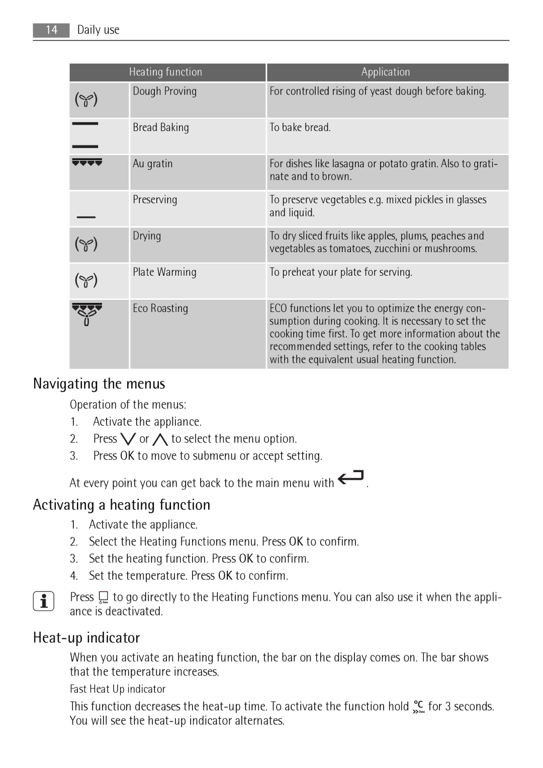 AEG BP8314001 user manual Navigating the menus, Activating a heating function, Heat-up indicator 