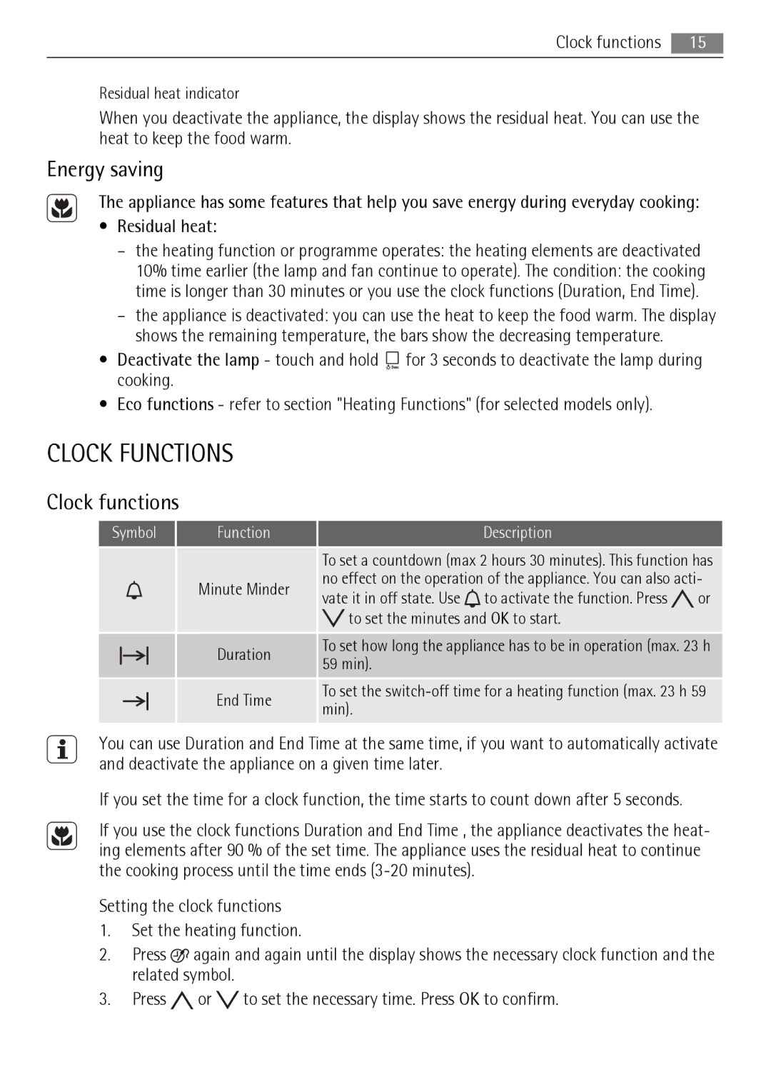 AEG BP8314001 user manual Clock Functions, Energy saving, Clock functions, Residual heat, Symbol Function Description 