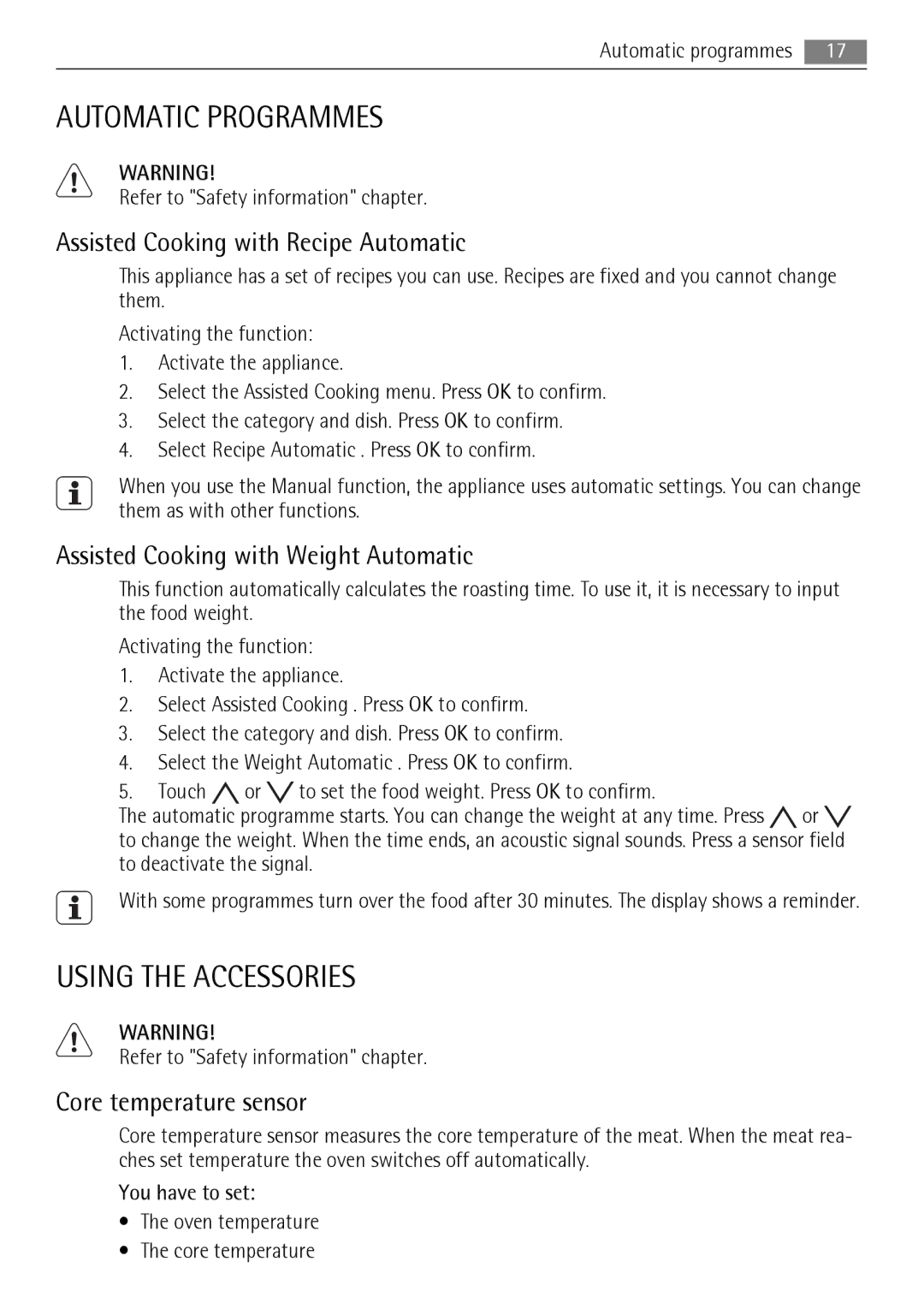 AEG BP8314001 Automatic Programmes, Using the Accessories, Assisted Cooking with Recipe Automatic, Core temperature sensor 