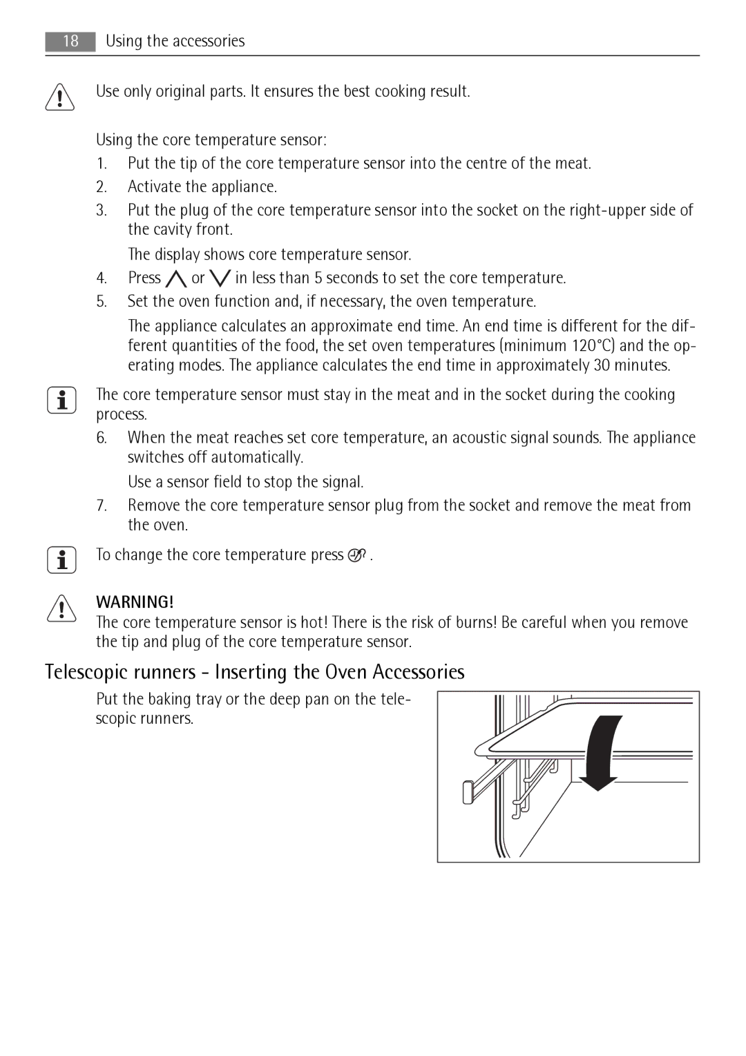 AEG BP8314001 user manual Telescopic runners Inserting the Oven Accessories 